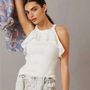 Anthropologie 3X White Ruffled Trim Ribbed Tank Top NEW